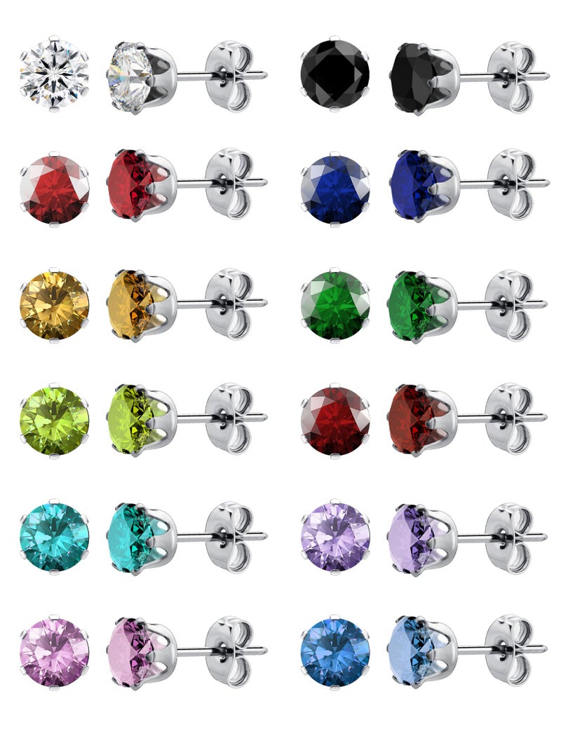 WSSXC 12 Pairs Hypoallergenic Surgical Steel Studs â€“ 12-Color Cubic Zirconia Earrings for Women & Men" - Image 1